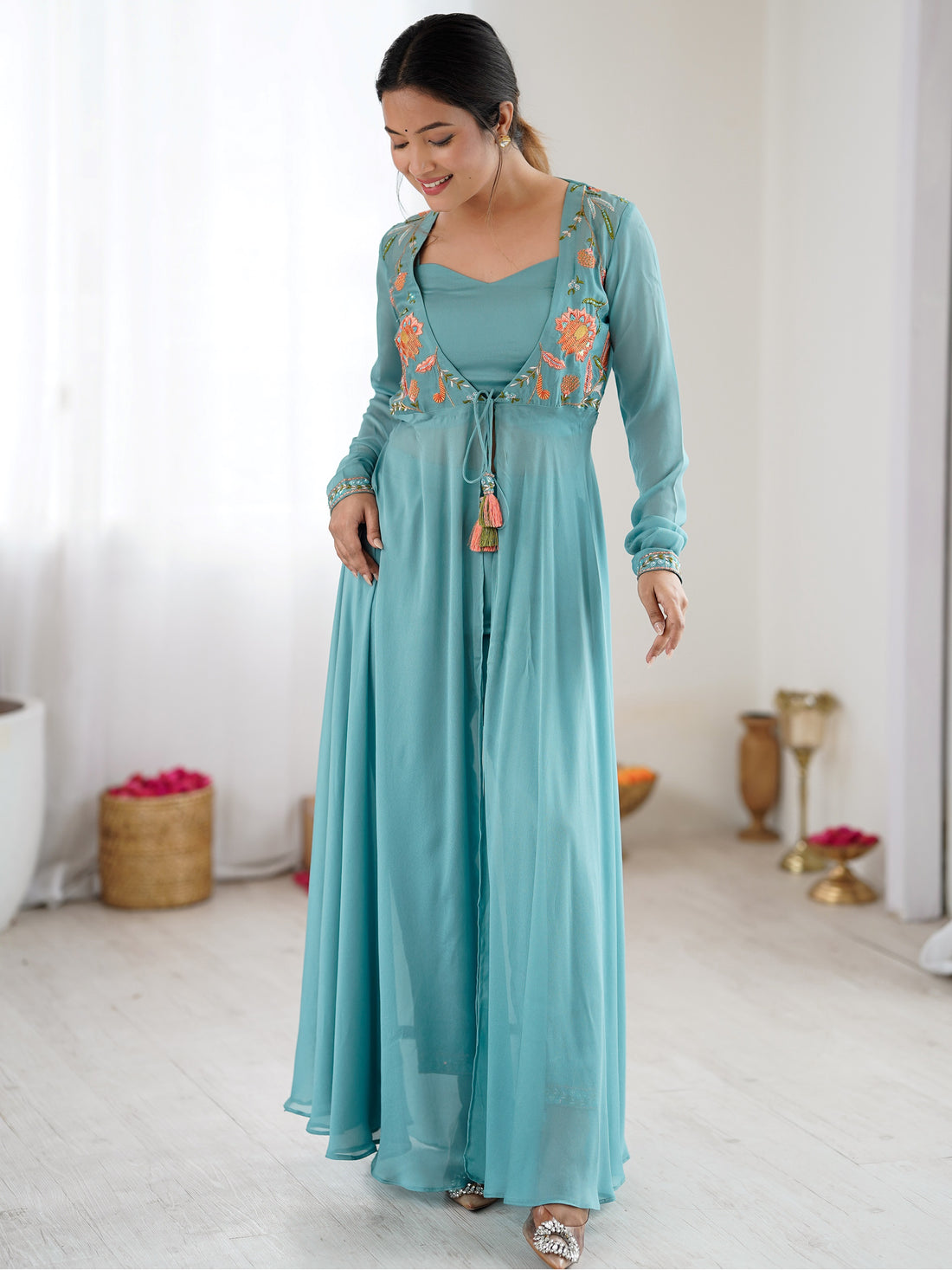 Amazing Sky-Blue Embroidered Georgette Festival Wear Co-Ord Set With Jacket