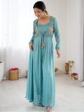 Amazing Sky-Blue Embroidered Georgette Festival Wear Co-Ord Set With Jacket