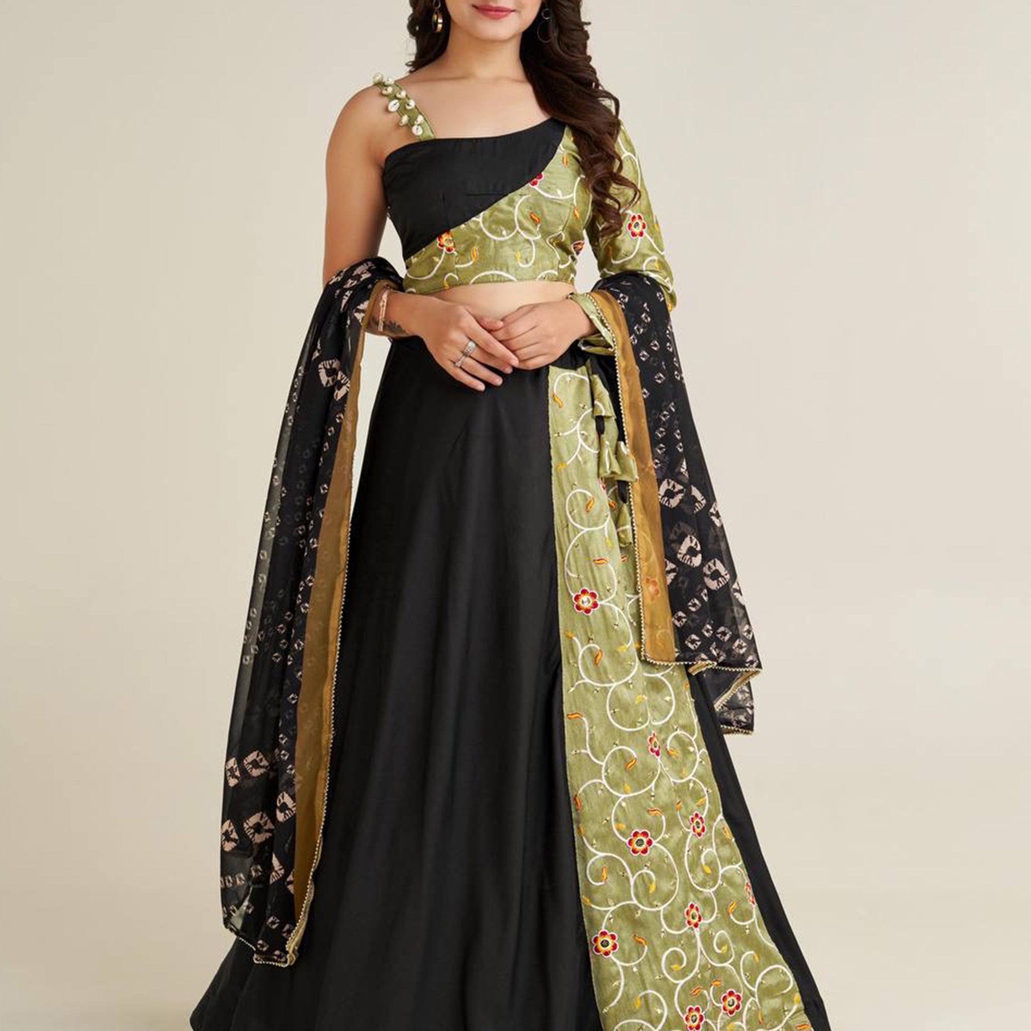 Adorable Black Printed Rayon Navratri Lehenga Choli With Dupatta