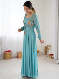 Amazing Sky-Blue Embroidered Georgette Festival Wear Co-Ord Set With Jacket