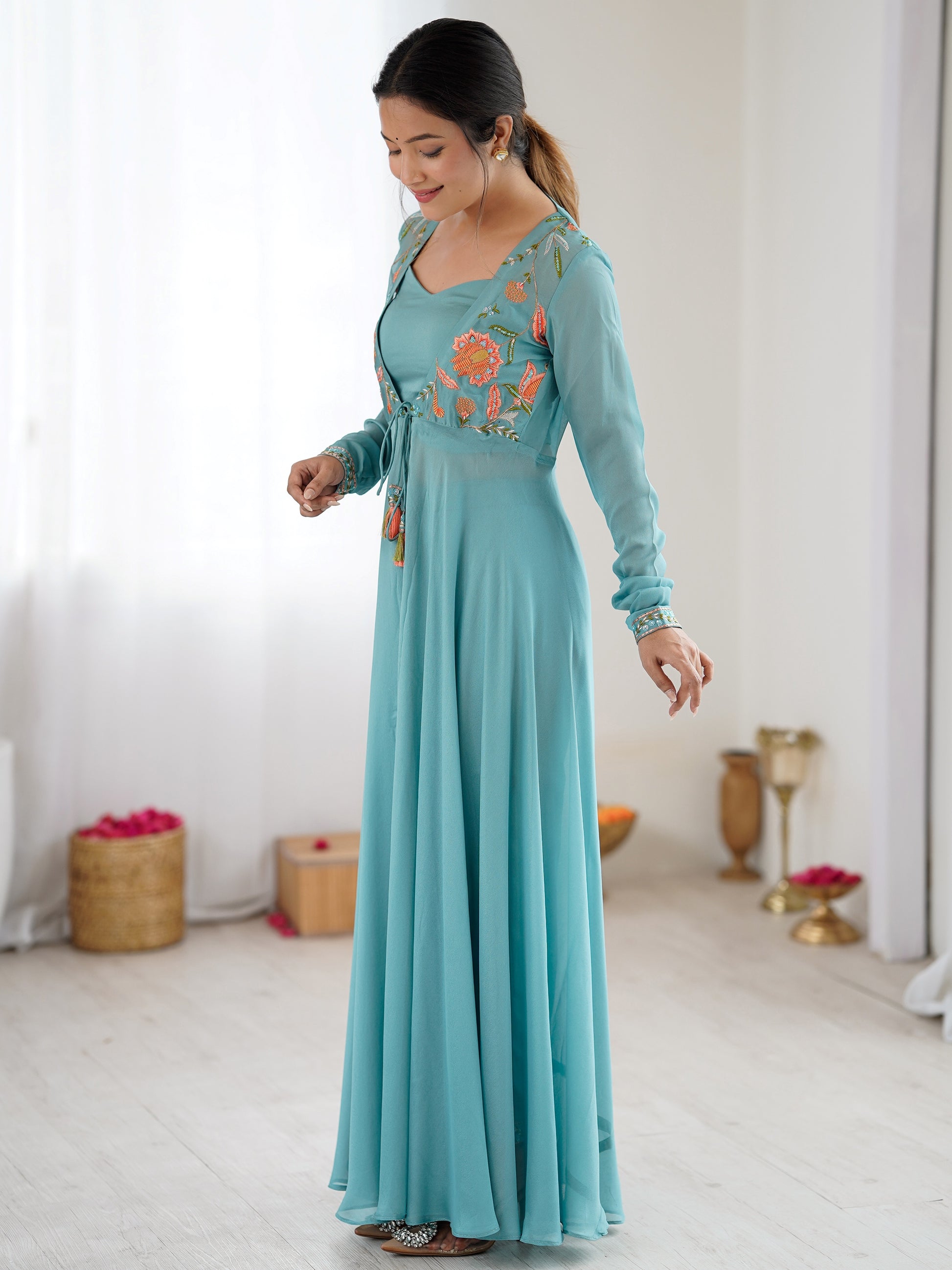 Amazing Sky-Blue Embroidered Georgette Festival Wear Co-Ord Set With Jacket