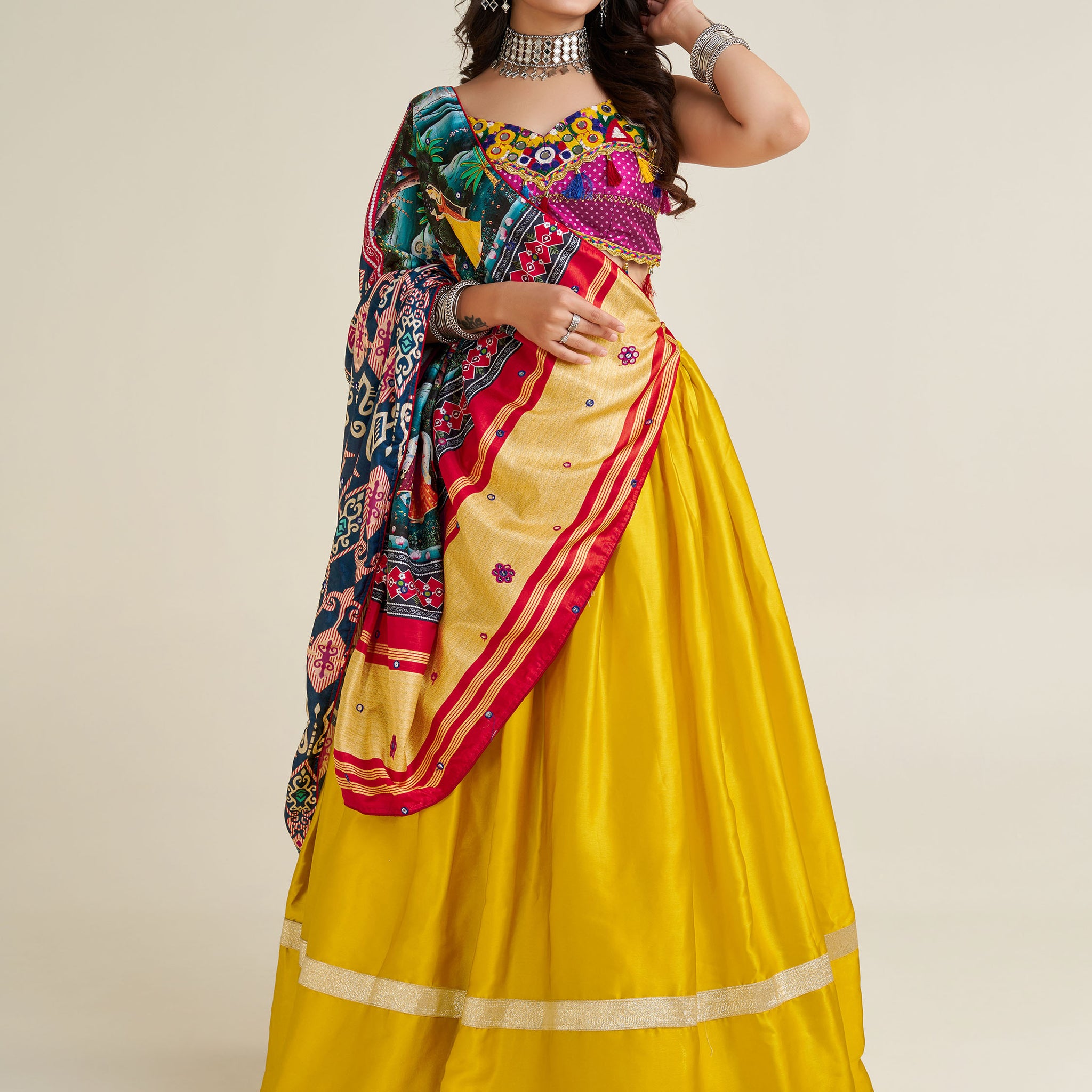 Fascinating Yellow Gamthi Work Satin Navratri Lehenga Choli