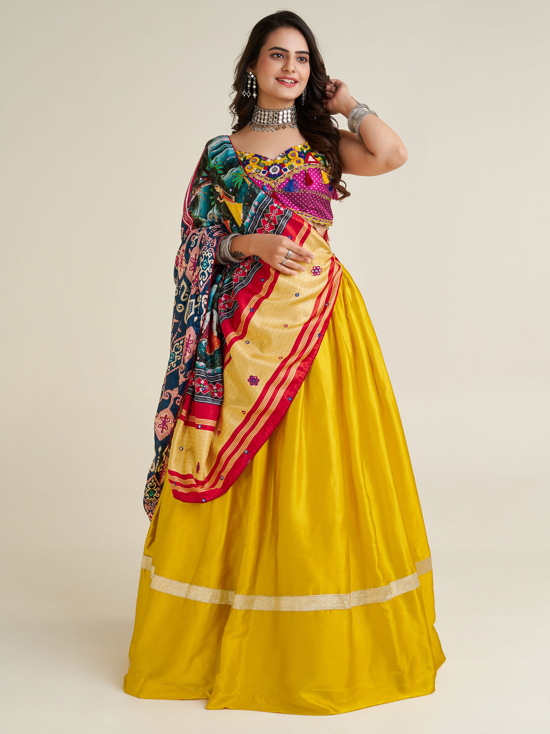 Fascinating Yellow Gamthi Work Satin Navratri Lehenga Choli