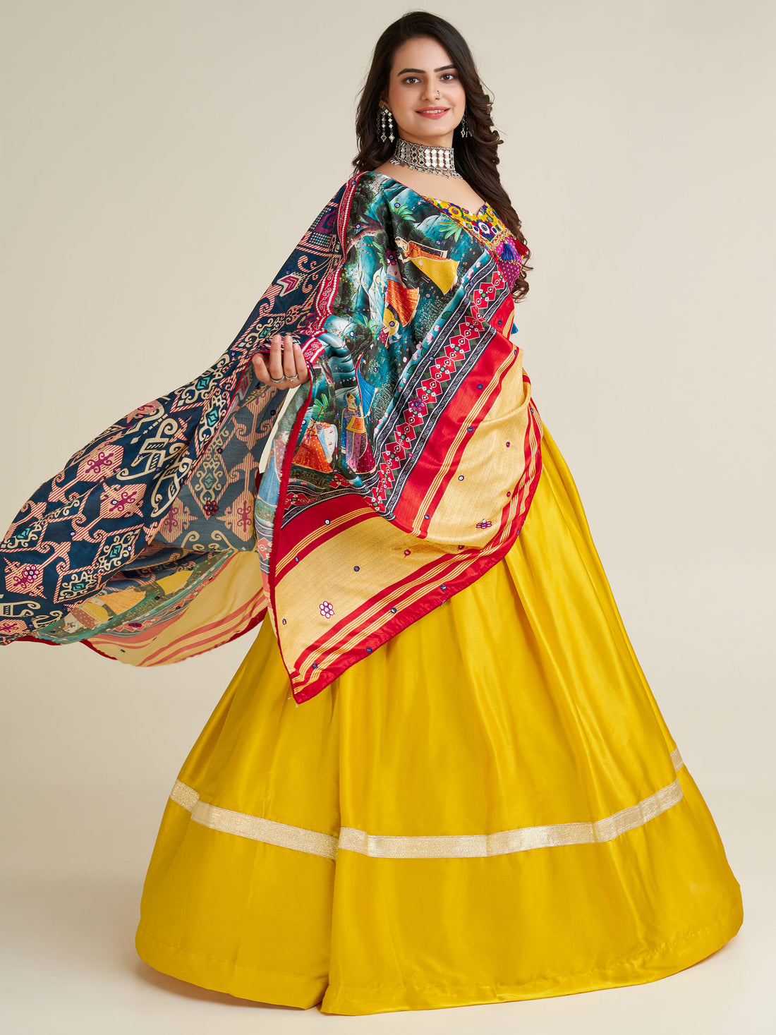 Fascinating Yellow Gamthi Work Satin Navratri Lehenga Choli