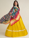 Fascinating Yellow Gamthi Work Satin Navratri Lehenga Choli