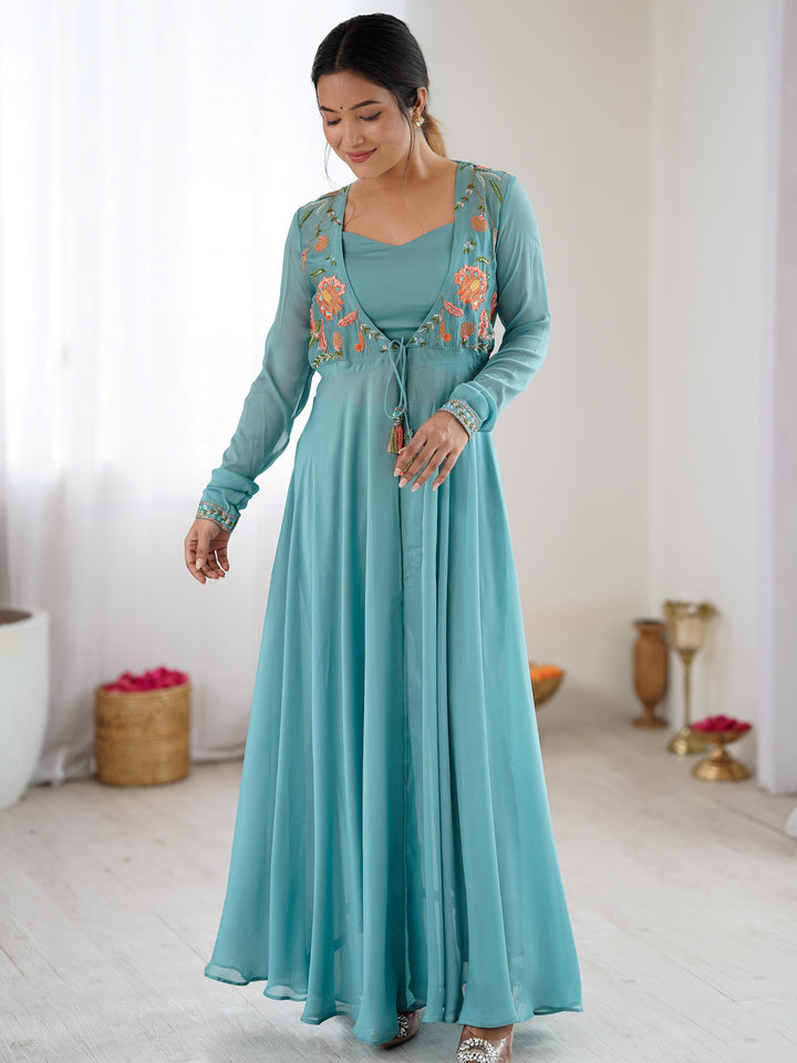 Amazing Sky-Blue Embroidered Georgette Festival Wear Co-Ord Set With Jacket