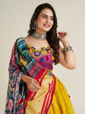 Fascinating Yellow Gamthi Work Satin Navratri Lehenga Choli