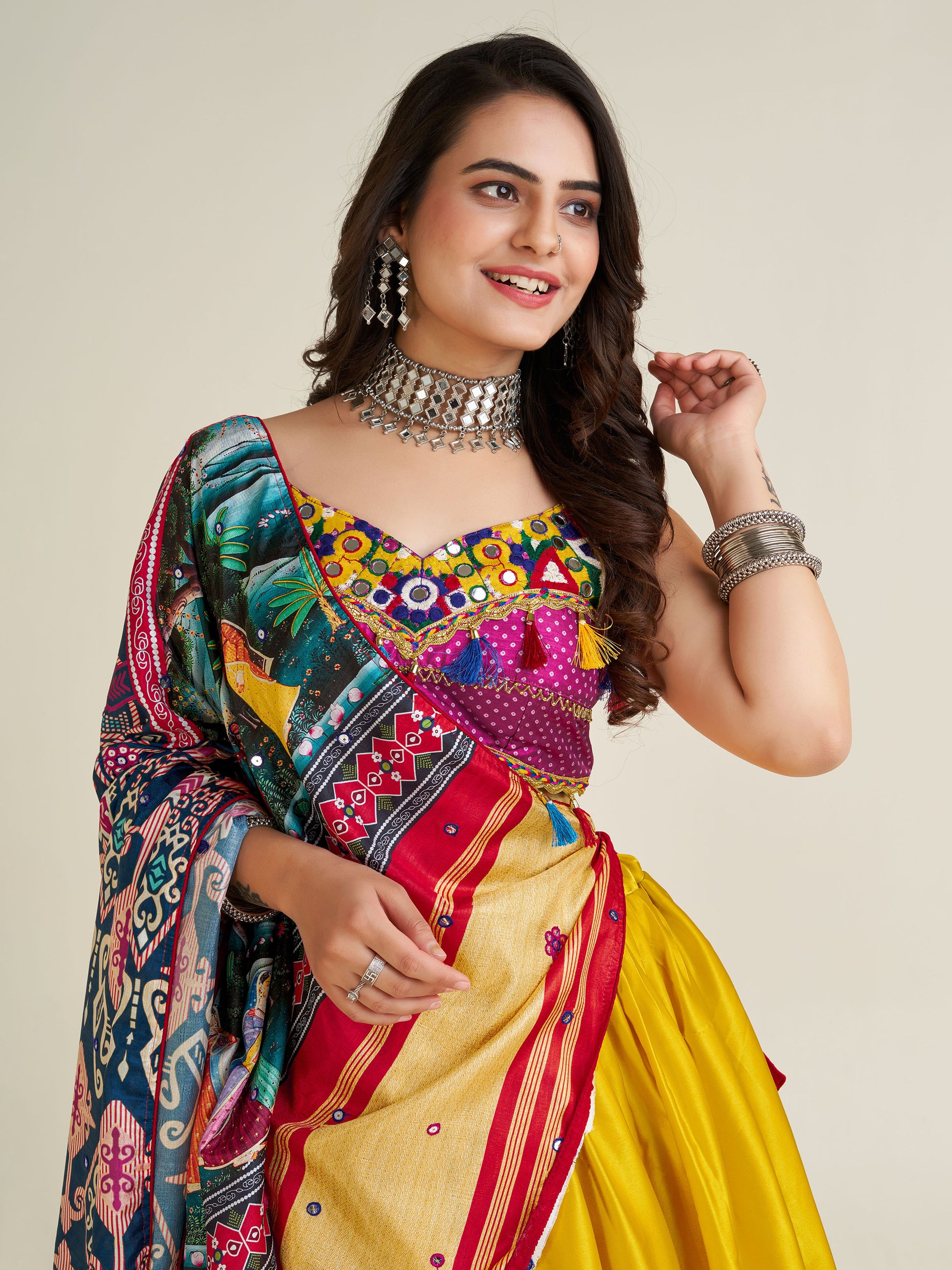 Fascinating Yellow Gamthi Work Satin Navratri Lehenga Choli
