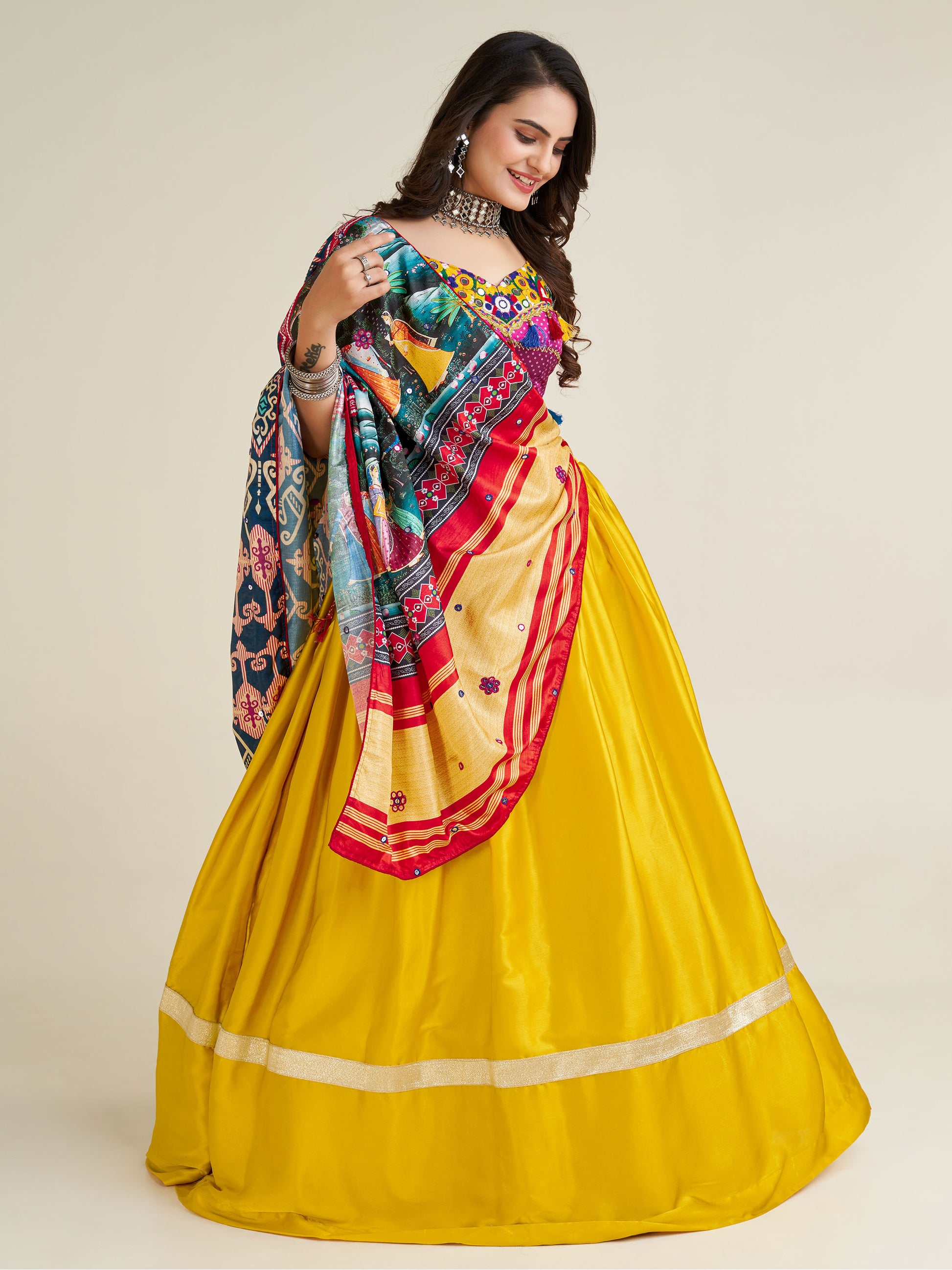 Fascinating Yellow Gamthi Work Satin Navratri Lehenga Choli