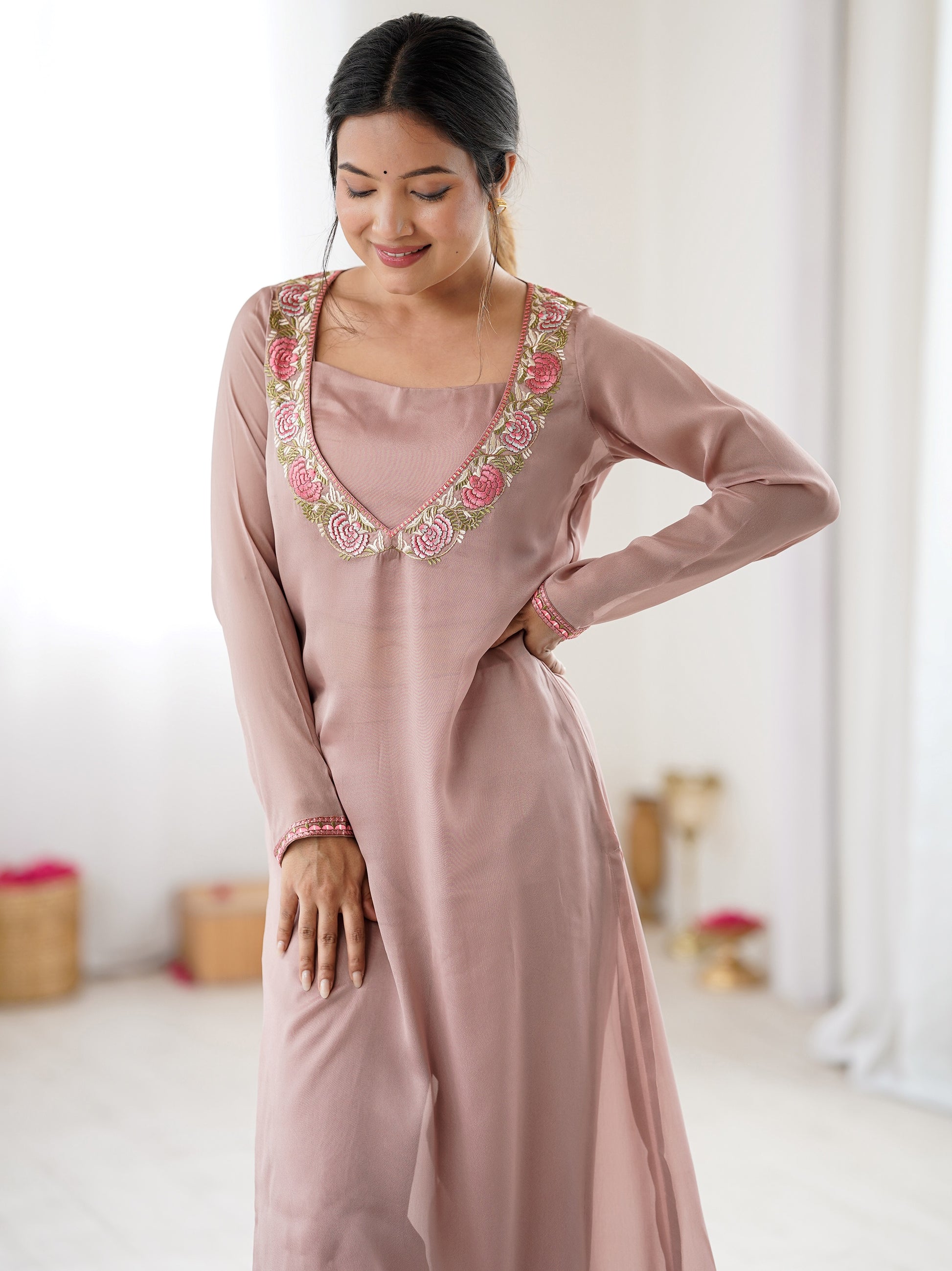 Stylish Dusty Pink Embroidered Georgette Festival Wear Kurti With Pant 