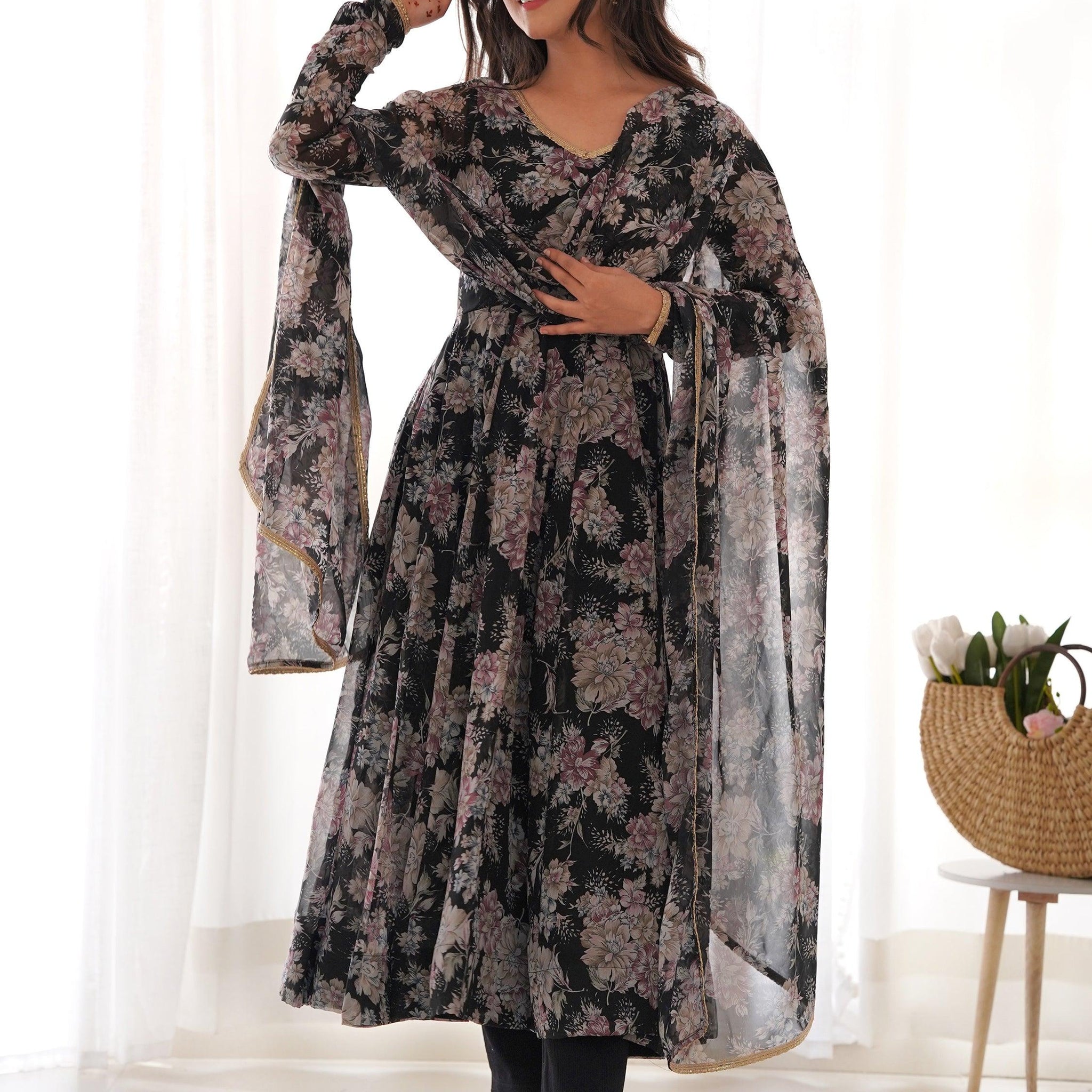Lovely Black Floral Printed Georgette Anarkali Pant Suit With Dupatta