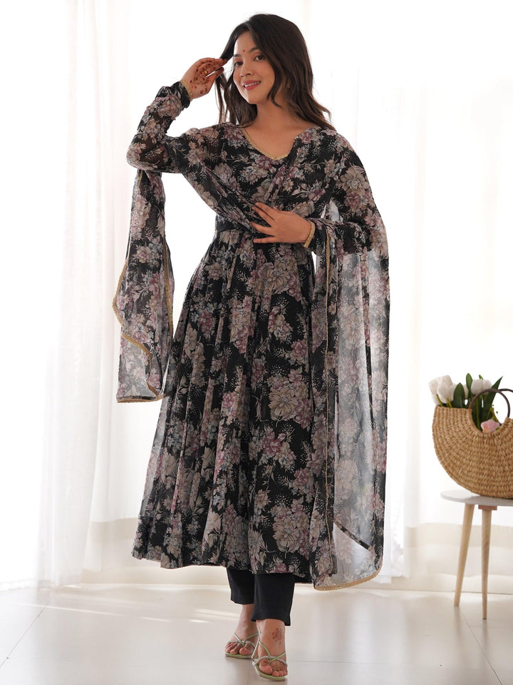 Lovely Black Floral Printed Georgette Anarkali Pant Suit With Dupatta