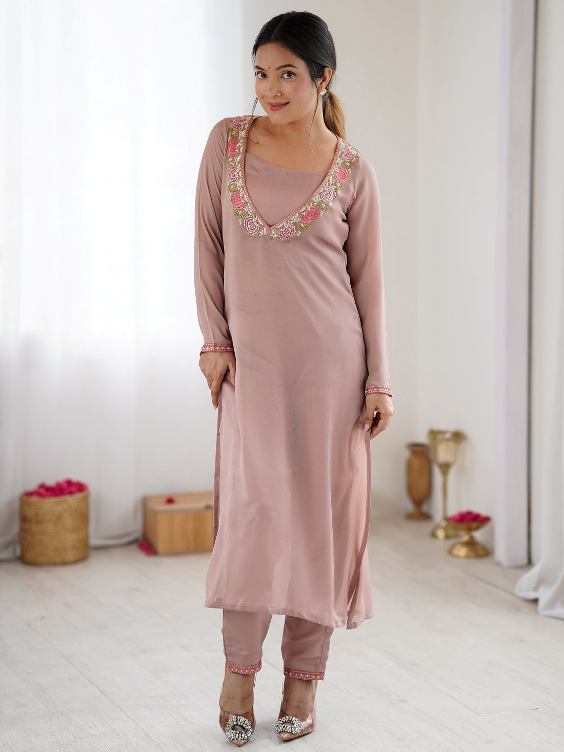 Stylish Dusty Pink Embroidered Georgette Festival Wear Kurti With Pant 