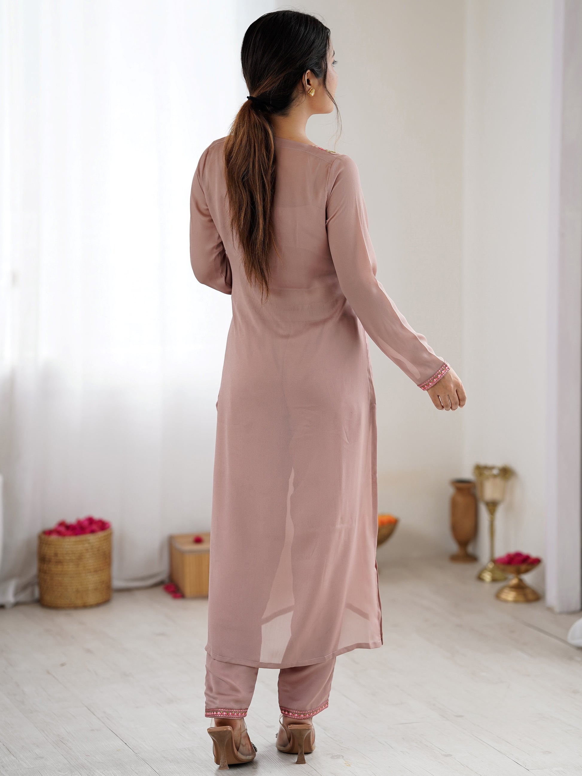 Stylish Dusty Pink Embroidered Georgette Festival Wear Kurti With Pant 