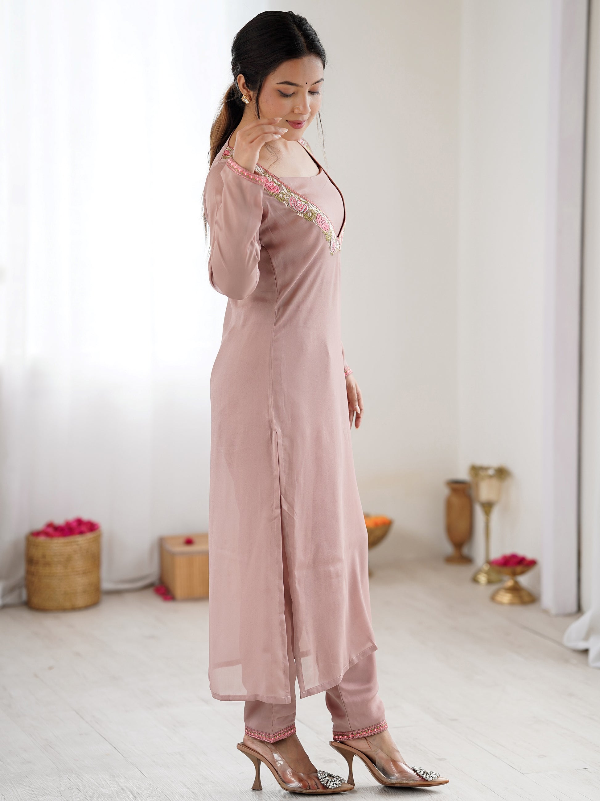 Stylish Dusty Pink Embroidered Georgette Festival Wear Kurti With Pant 