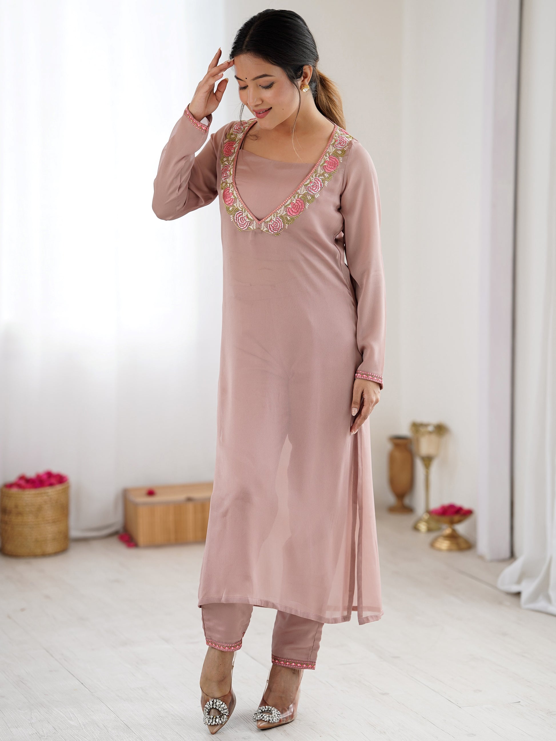 Stylish Dusty Pink Embroidered Georgette Festival Wear Kurti With Pant 