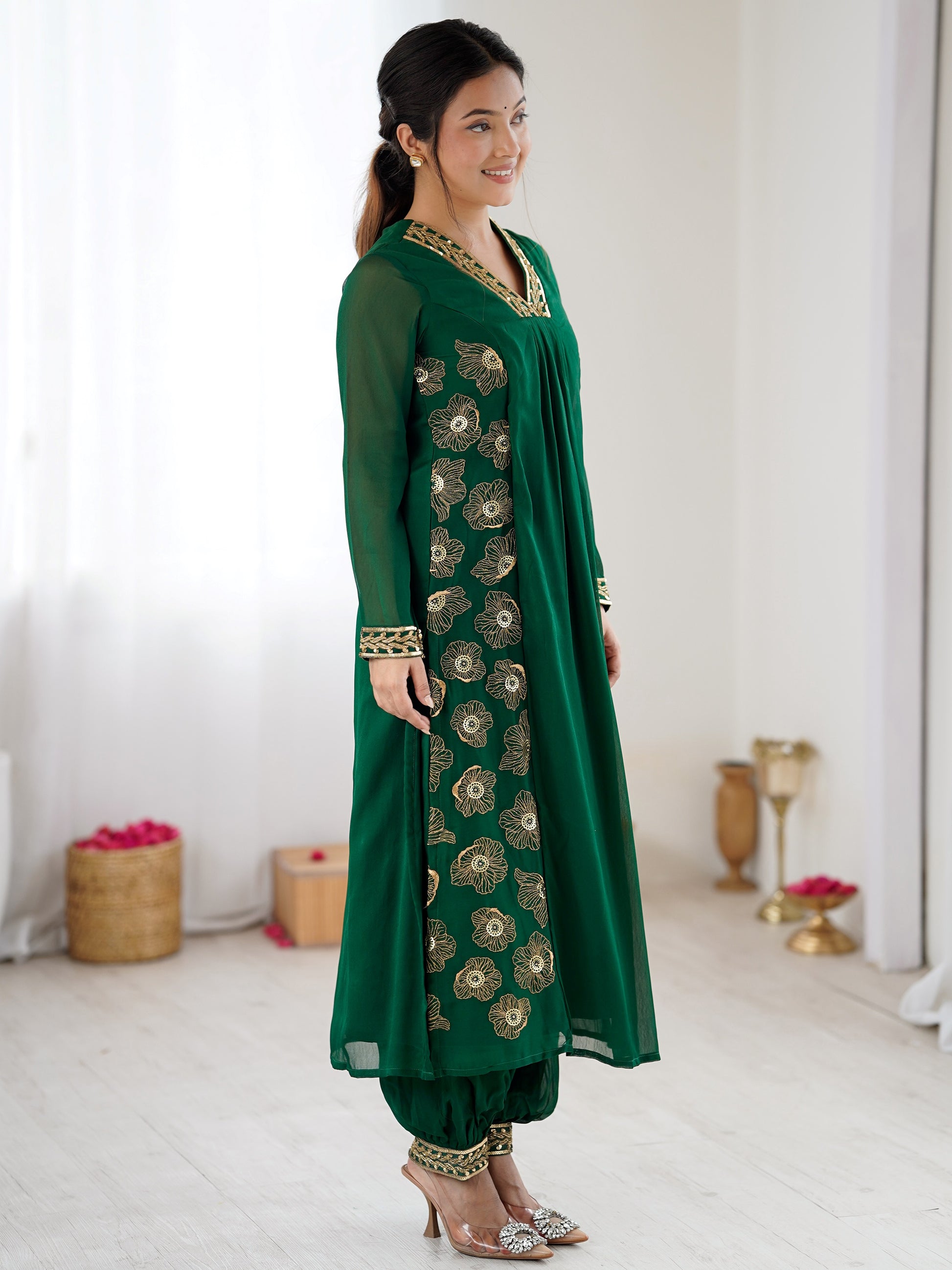 Glowing Green Hand Work Georgette Festival Wear Salwar Suit