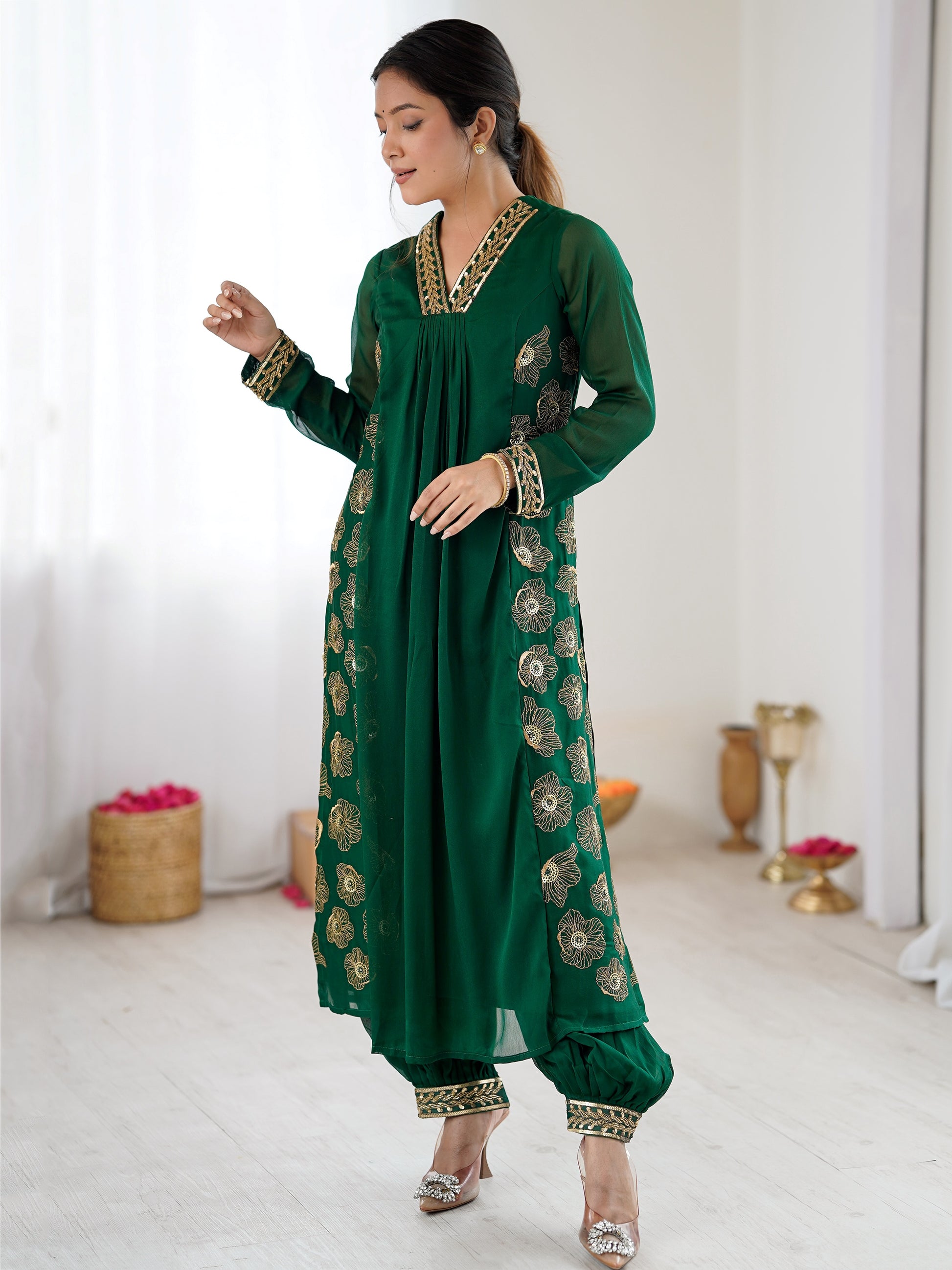 Glowing Green Hand Work Georgette Festival Wear Salwar Suit