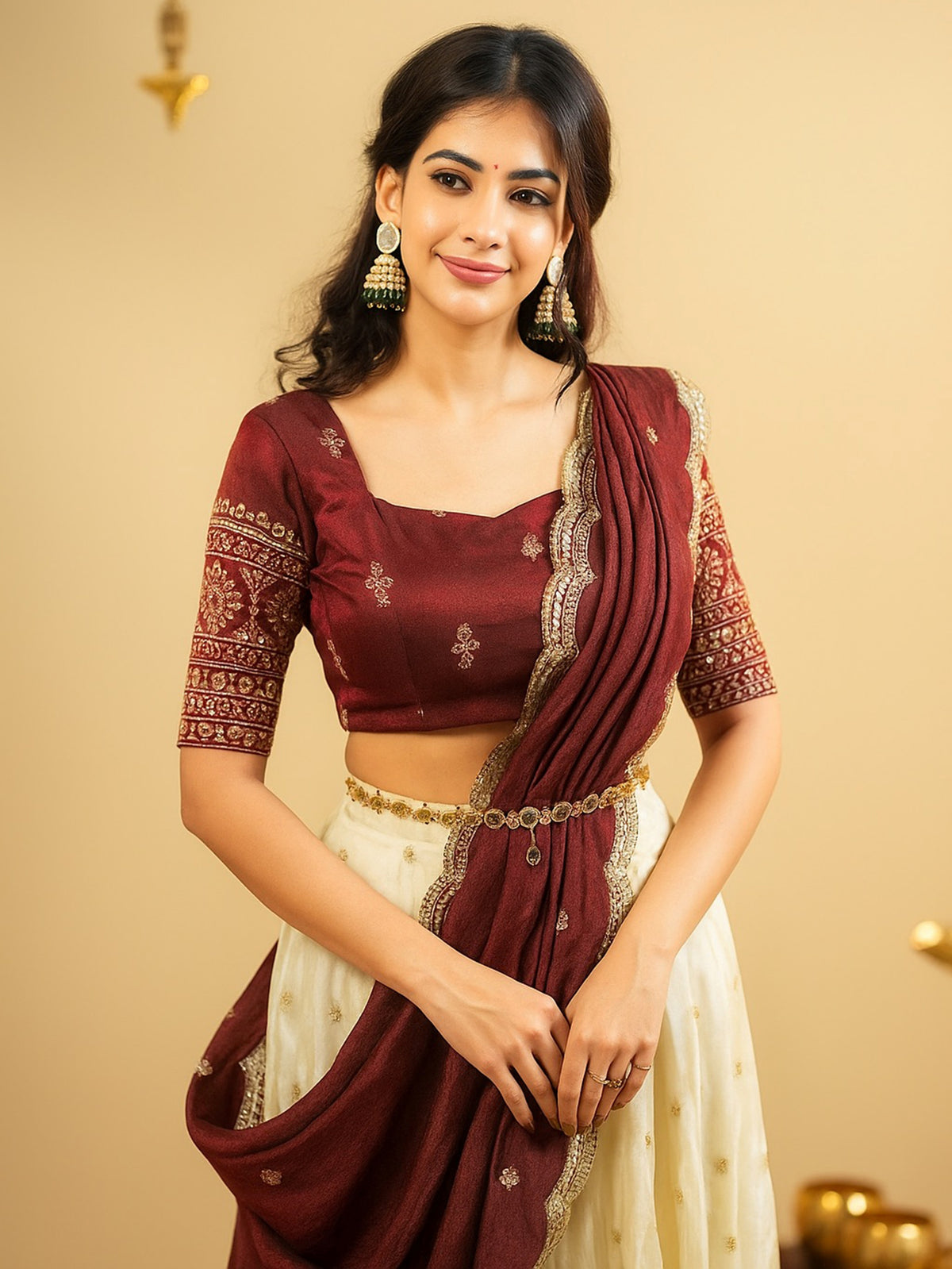 Graceful Cream Zari Work Silk Wedding Wear Lehenga Choli