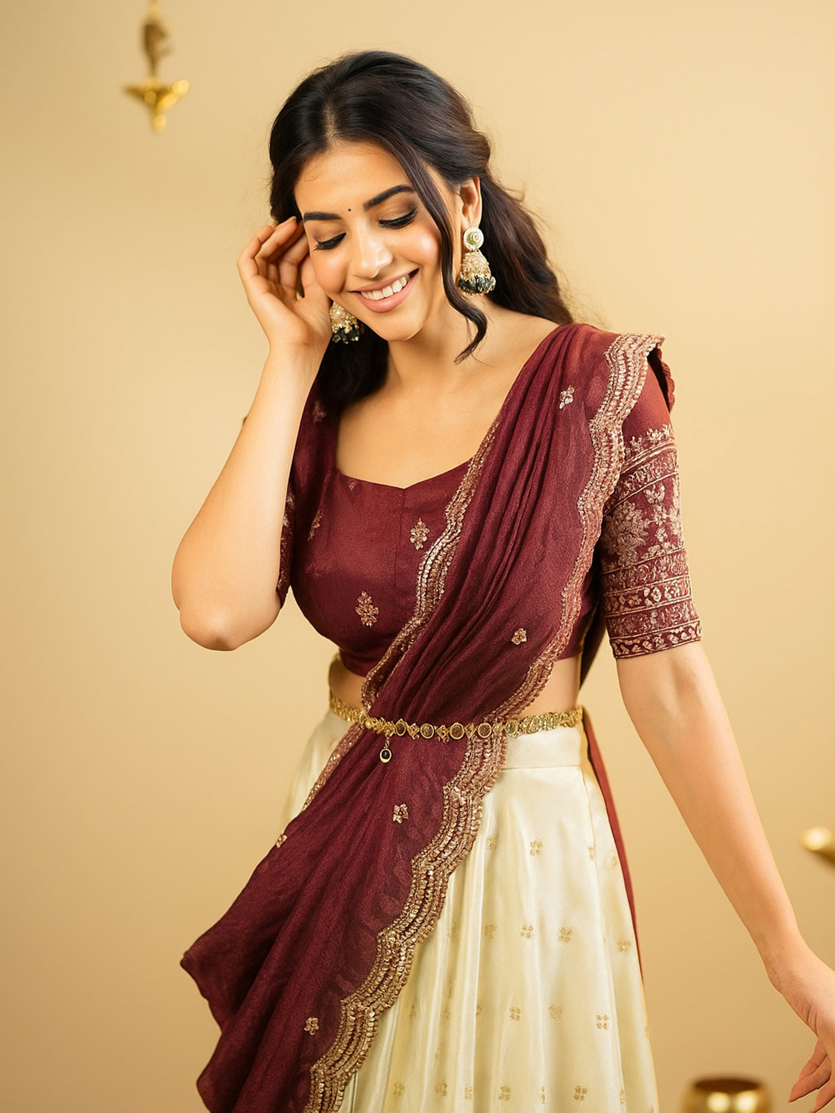 Graceful Cream Zari Work Silk Wedding Wear Lehenga Choli