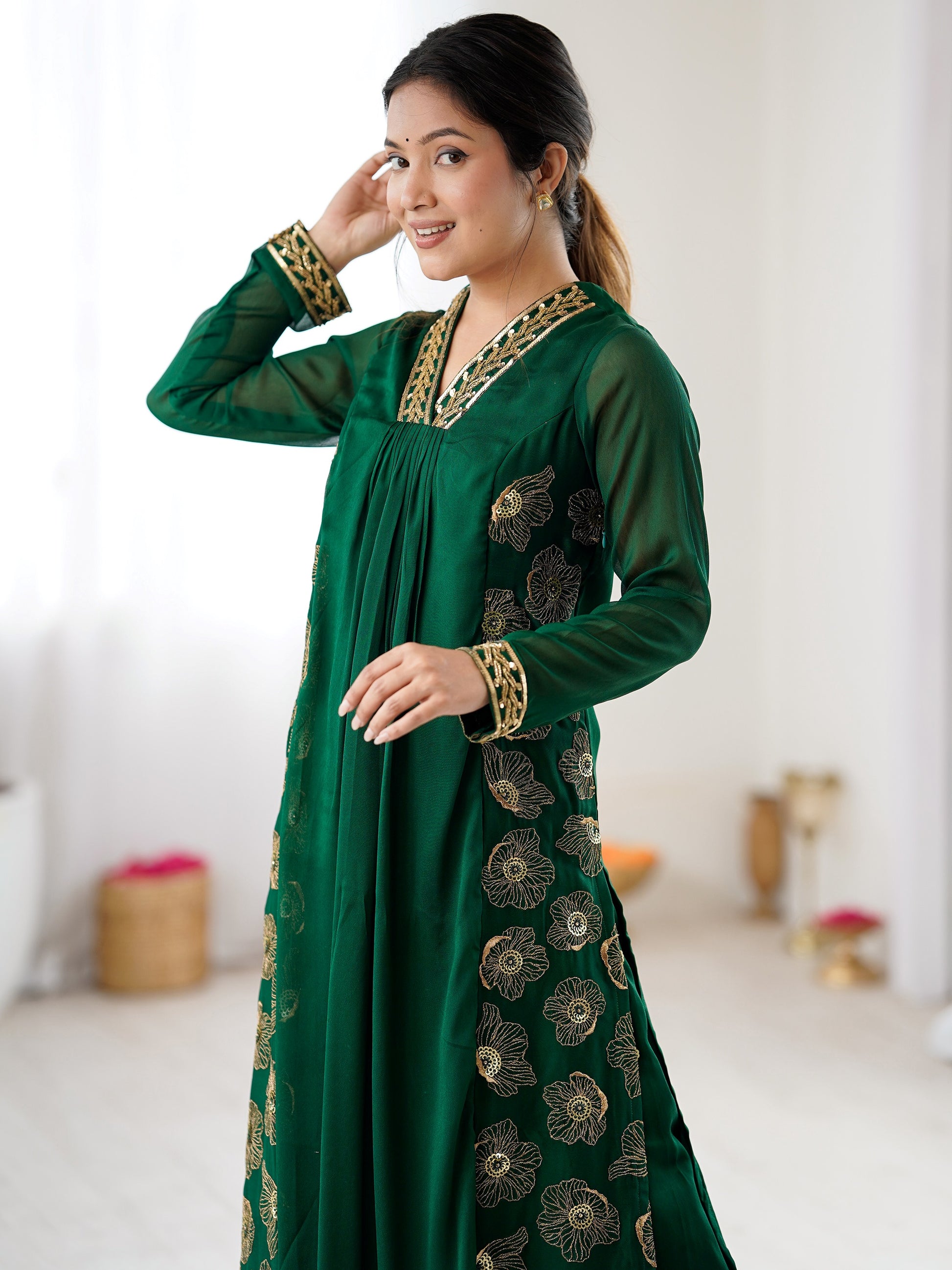 Glowing Green Hand Work Georgette Festival Wear Salwar Suit