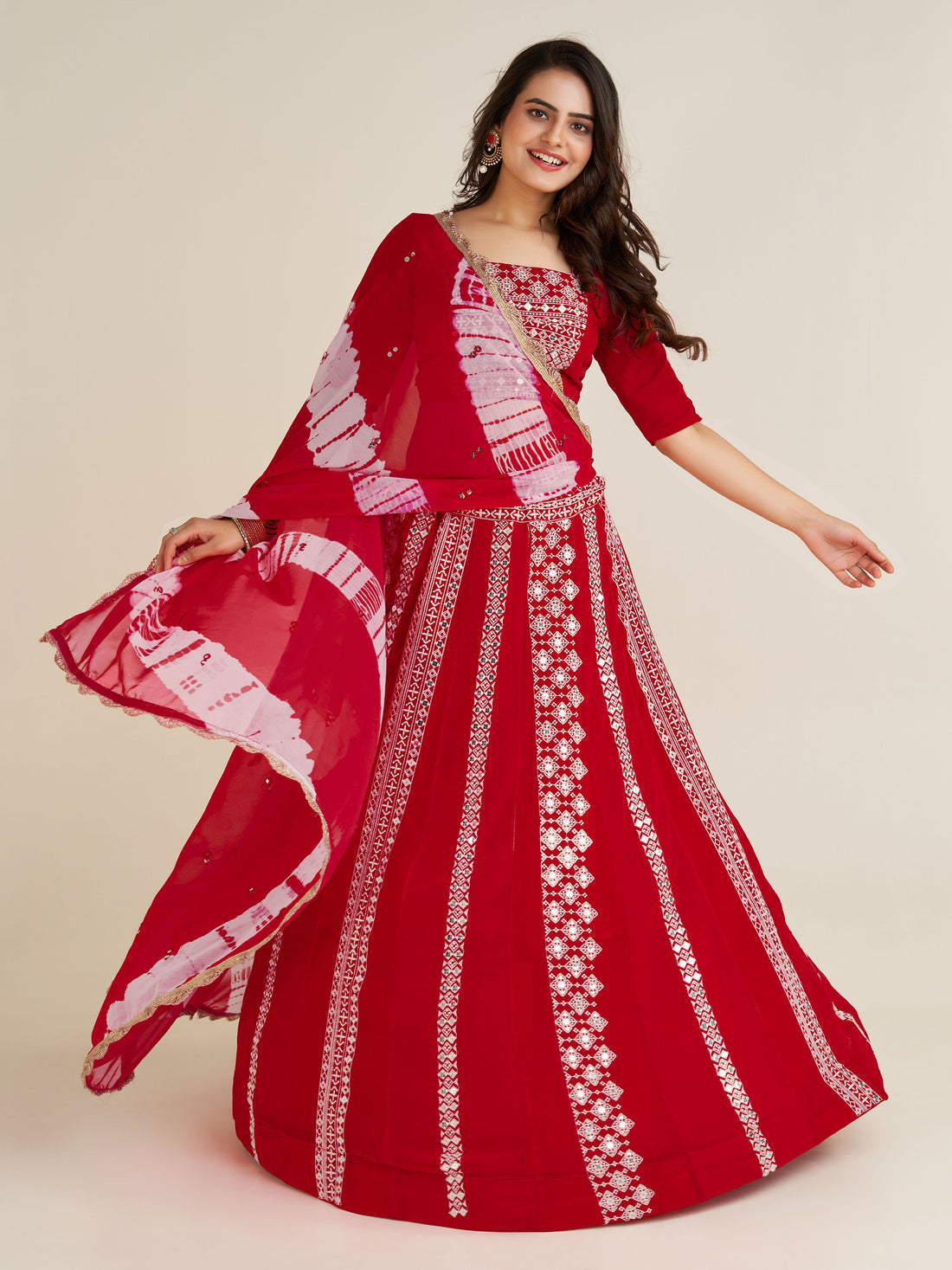Charming Red Thread Work Georgette Navratri Wear Lehenga Choli