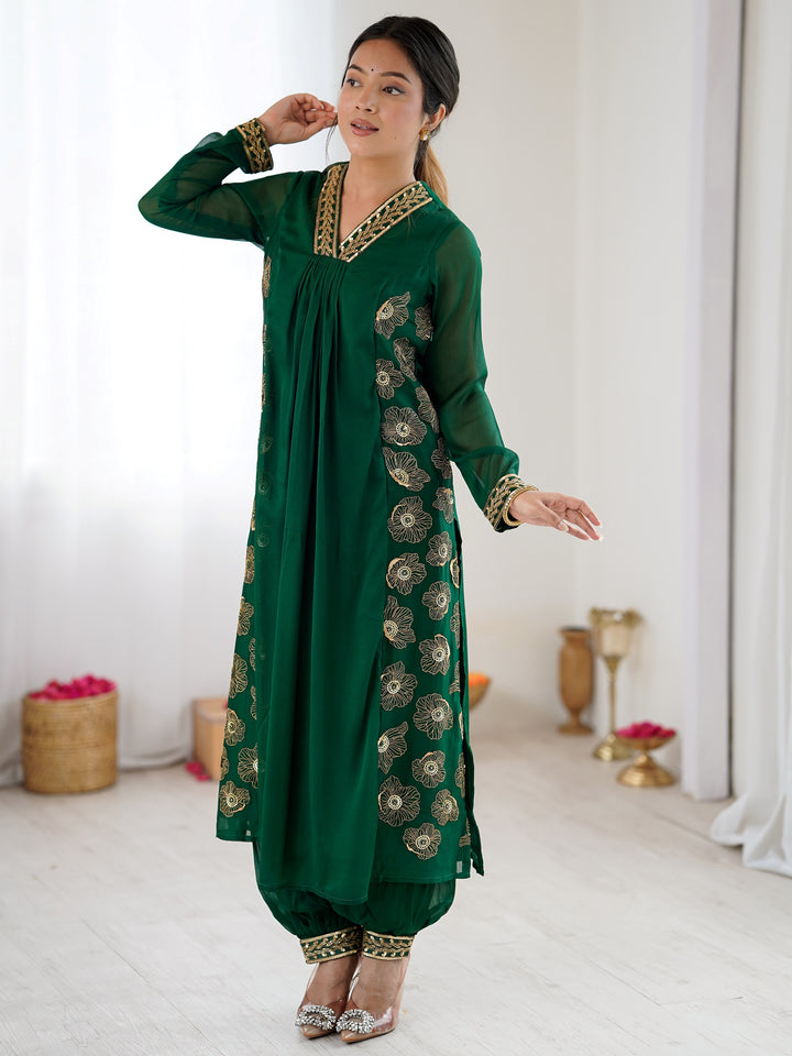 Glowing Green Hand Work Georgette Festival Wear Salwar Suit