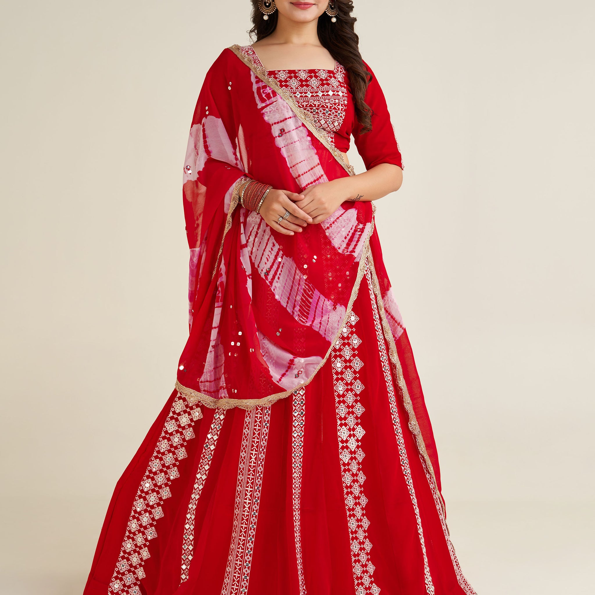 Charming Red Thread Work Georgette Navratri Wear Lehenga Choli
