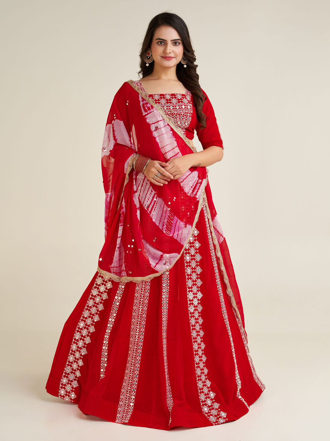 Charming Red Thread Work Georgette Navratri Wear Lehenga Choli