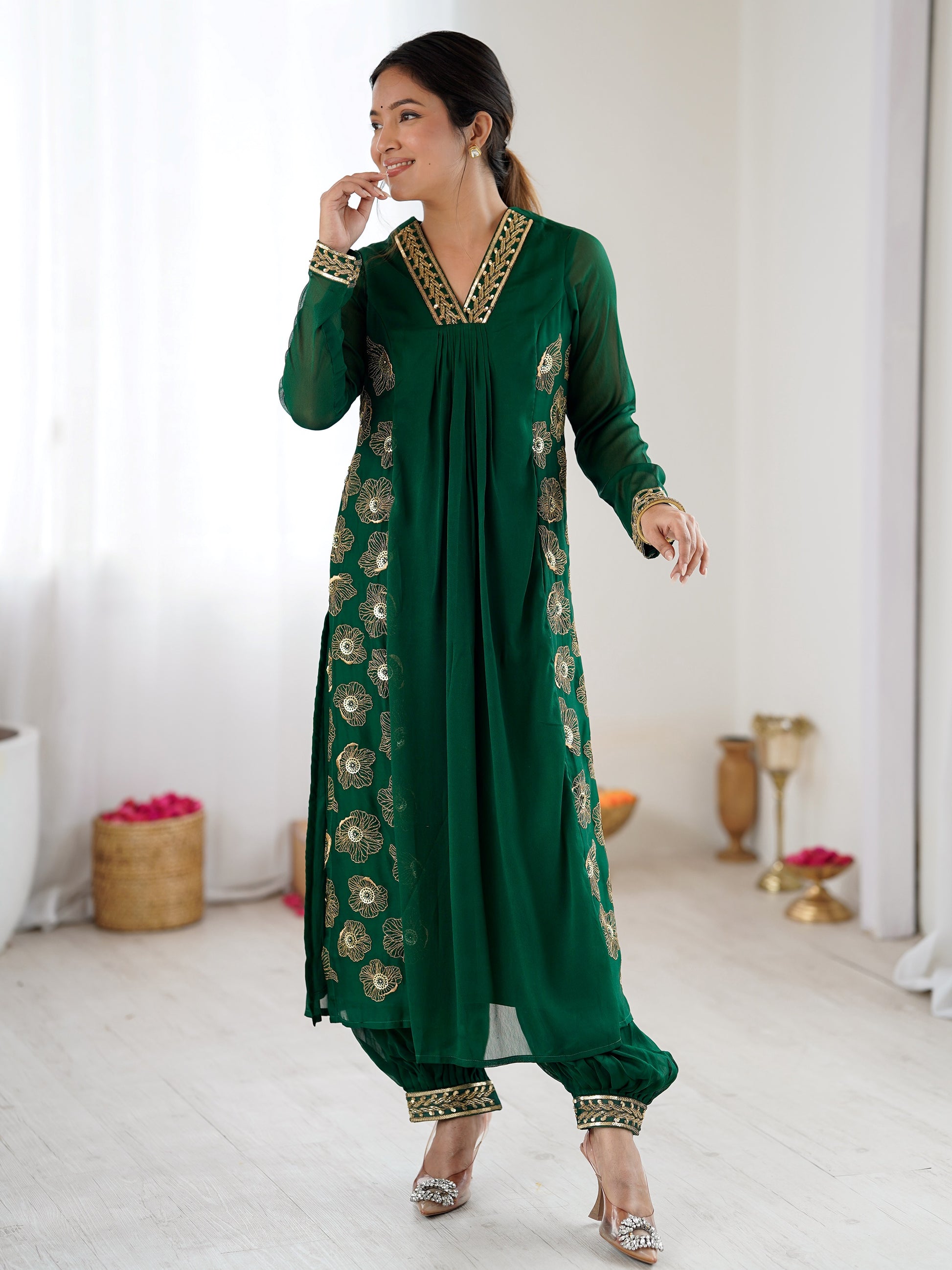 Glowing Green Hand Work Georgette Festival Wear Salwar Suit