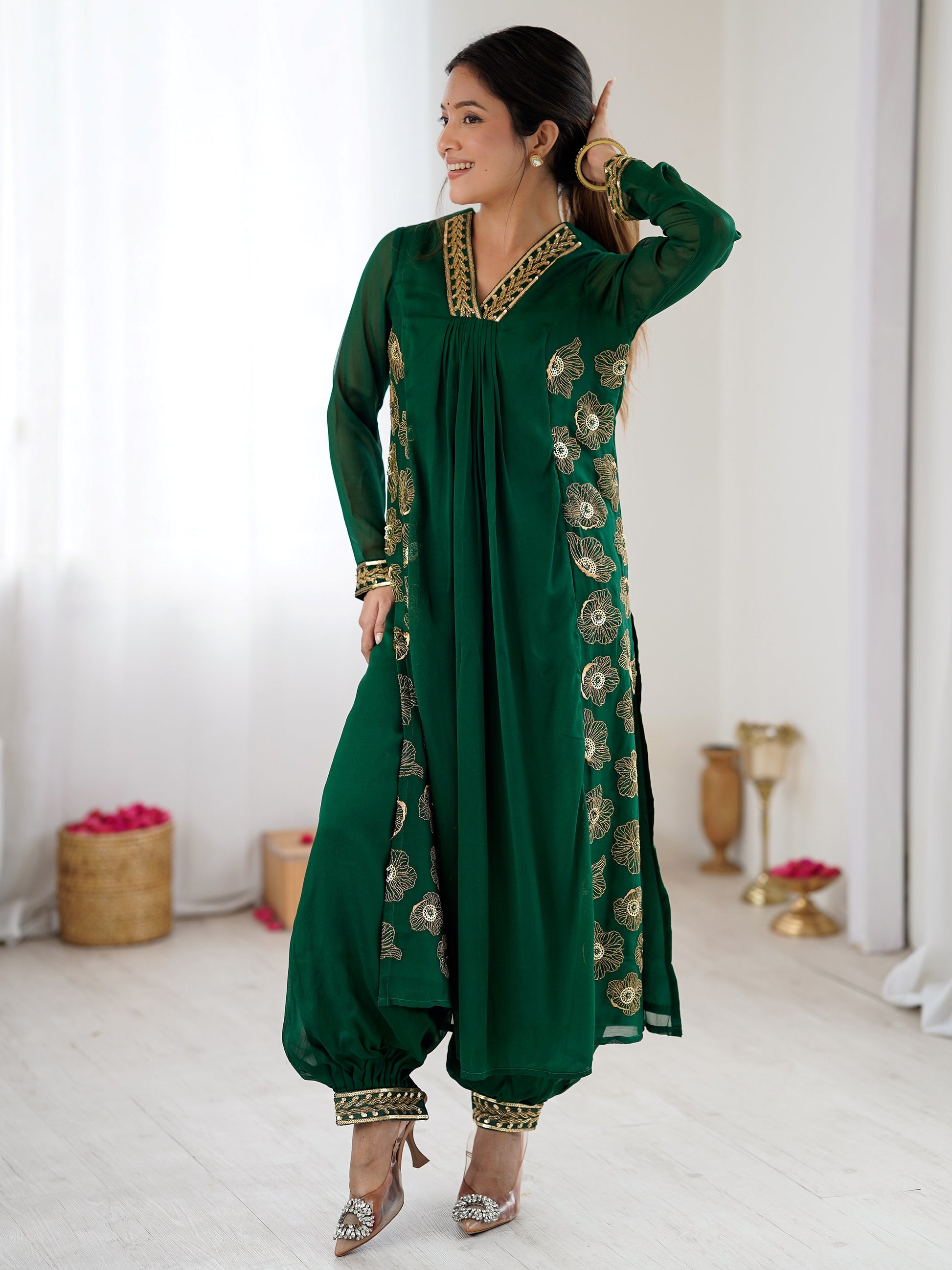 Glowing Green Hand Work Georgette Festival Wear Salwar Suit