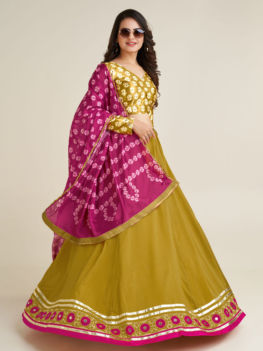 Adorable Mustard Yellow Mirror Work Silk Navratri Lehenga Choli