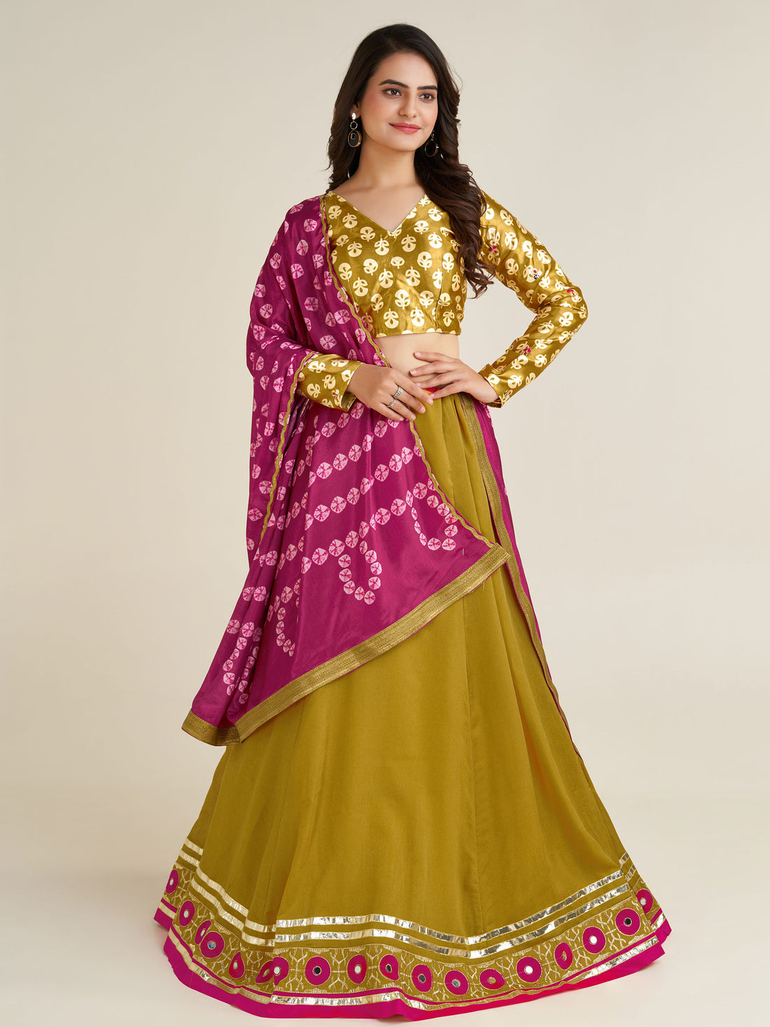 Adorable Mustard Yellow Mirror Work Silk Navratri Lehenga Choli