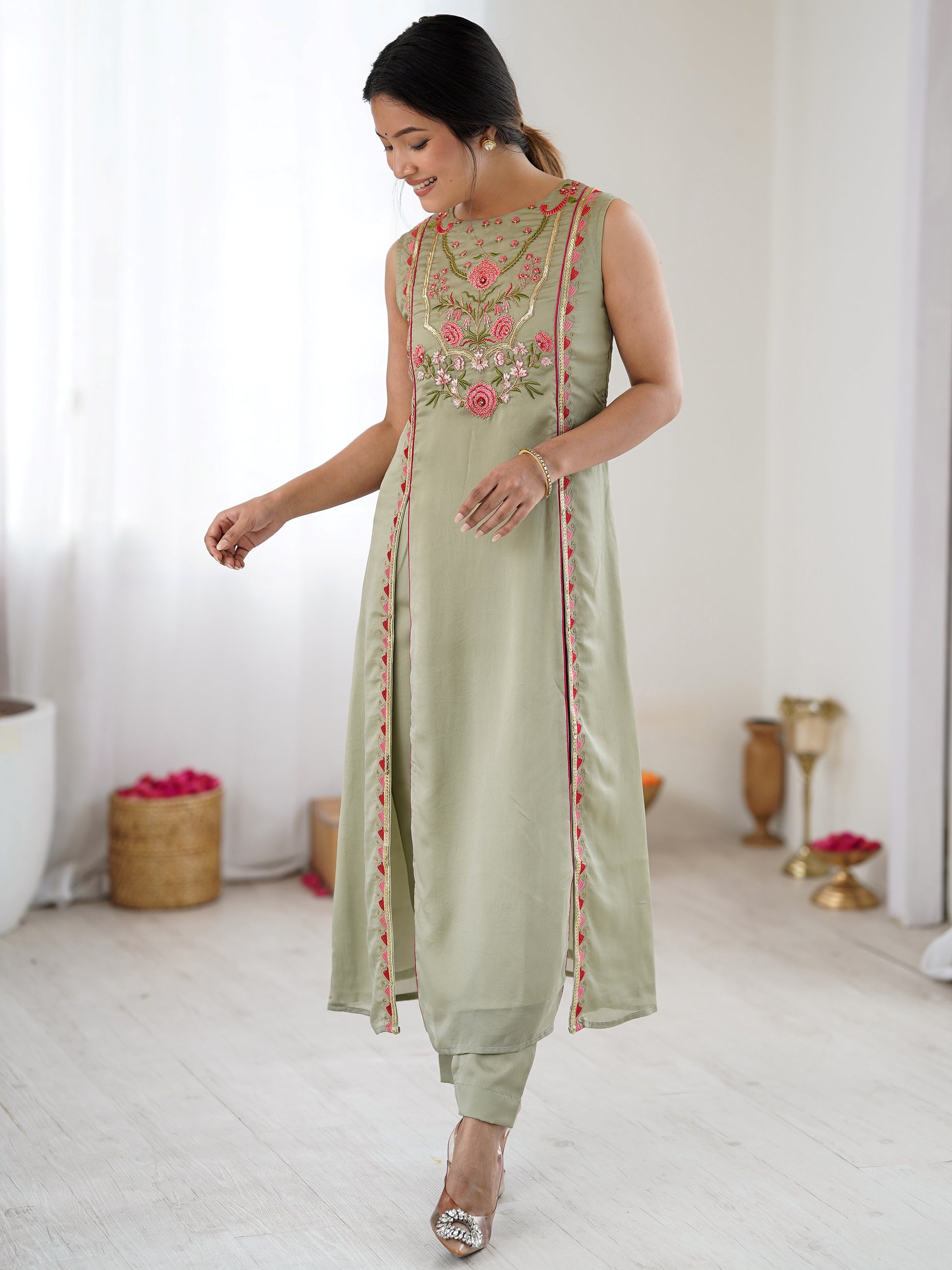 Beautiful Pista Green Embroidered Georgette Festival Wear Salwar Kameez