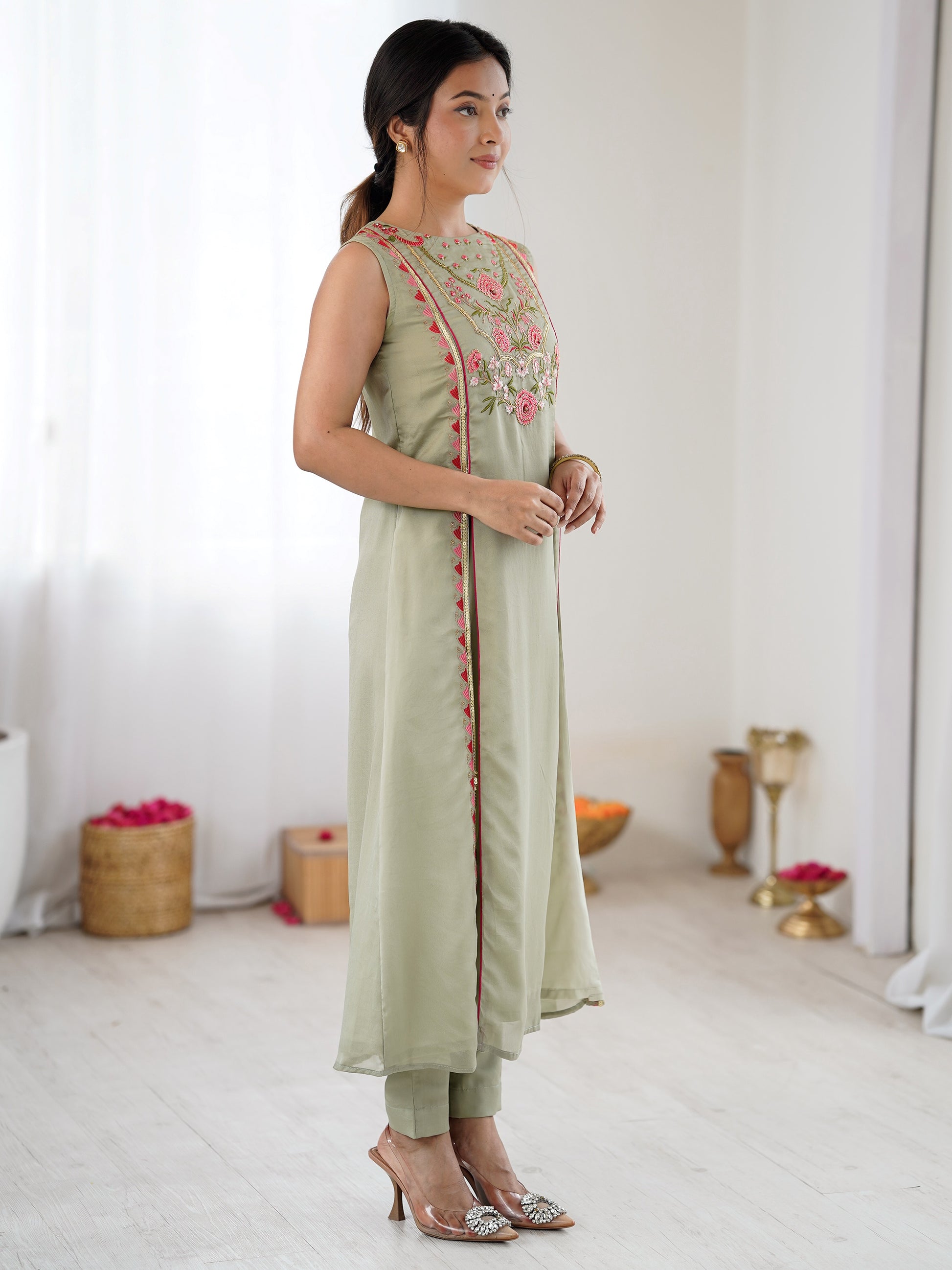 Beautiful Pista Green Embroidered Georgette Festival Wear Salwar Kameez