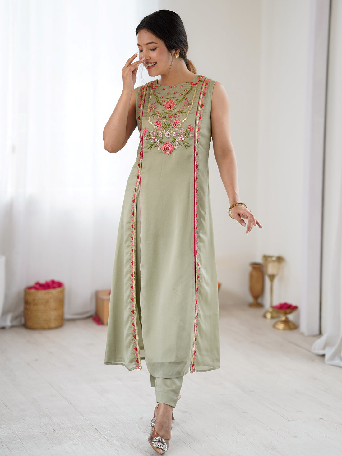 Beautiful Pista Green Embroidered Georgette Festival Wear Salwar Kameez