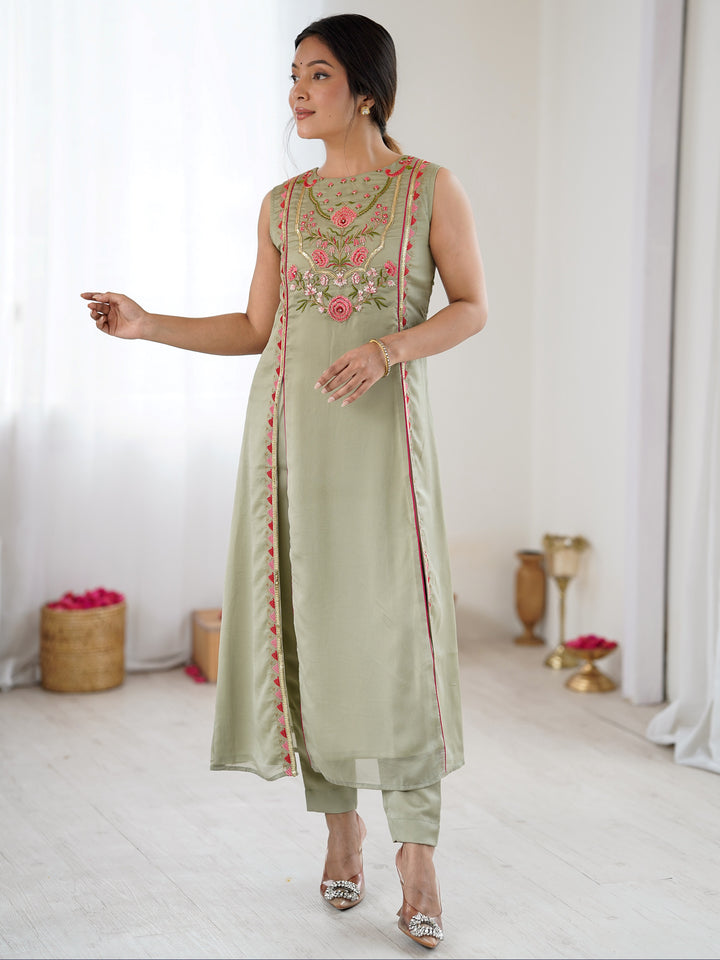 Beautiful Pista Green Embroidered Georgette Festival Wear Salwar Kameez
