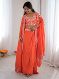 Awesome Orange Thread Embroidery Crepe Festive Wear Crop Top Lehenga With Jacket