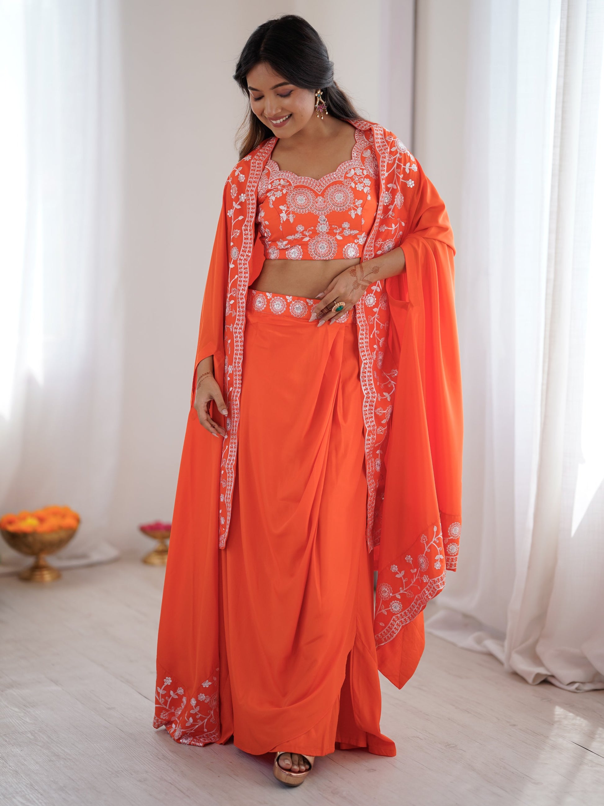 Awesome Orange Thread Embroidery Crepe Festive Wear Crop Top Lehenga With Jacket