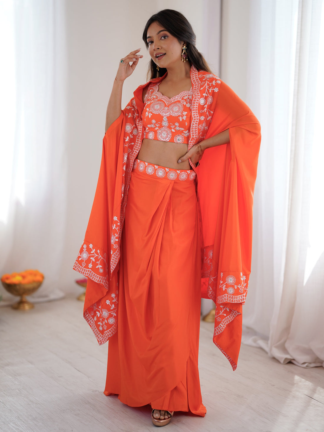 Awesome Orange Thread Embroidery Crepe Festive Wear Crop Top Lehenga With Jacket