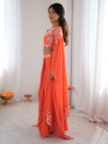 Awesome Orange Thread Embroidery Crepe Festive Wear Crop Top Lehenga With Jacket