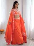 Awesome Orange Thread Embroidery Crepe Festive Wear Crop Top Lehenga With Jacket