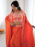 Awesome Orange Thread Embroidery Crepe Festive Wear Crop Top Lehenga With Jacket