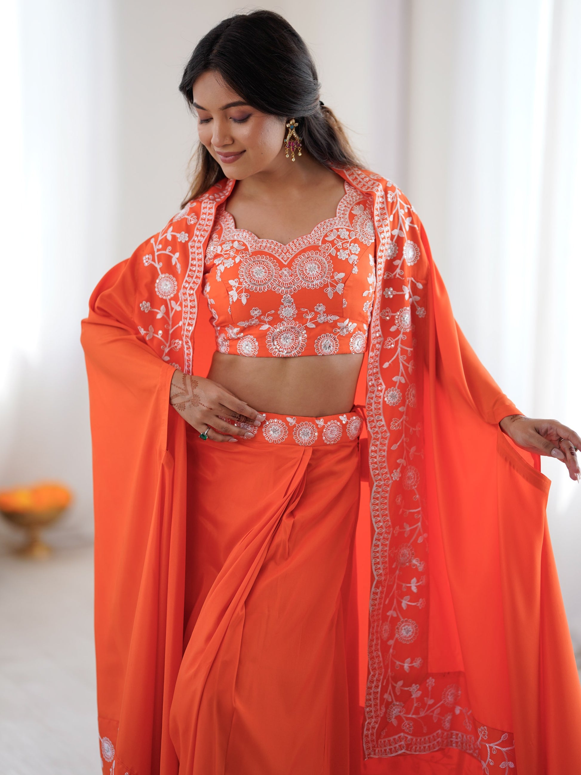 Awesome Orange Thread Embroidery Crepe Festive Wear Crop Top Lehenga With Jacket