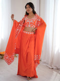 Awesome Orange Thread Embroidery Crepe Festive Wear Crop Top Lehenga With Jacket