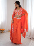Awesome Orange Thread Embroidery Crepe Festive Wear Crop Top Lehenga With Jacket