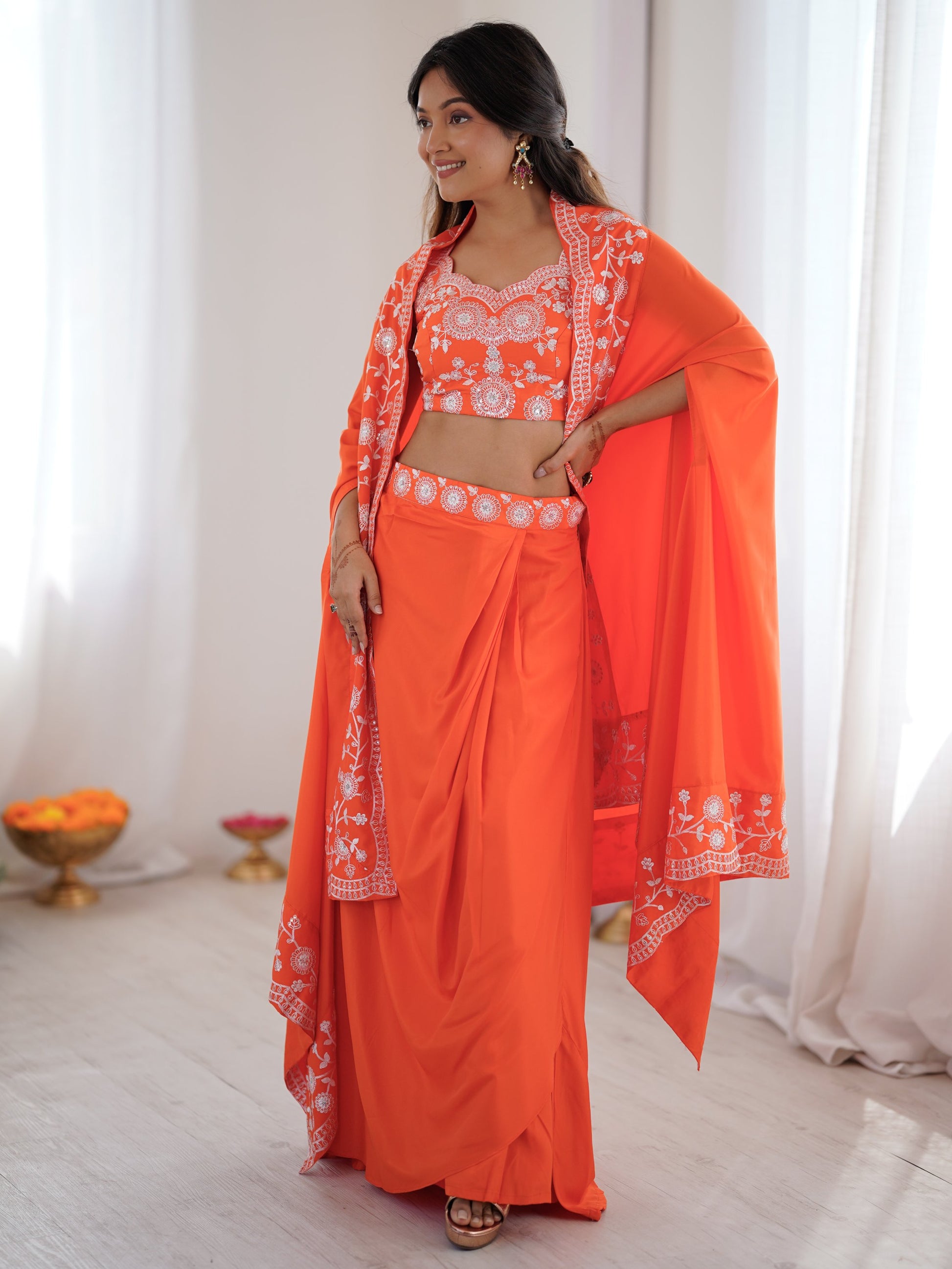 Awesome Orange Thread Embroidery Crepe Festive Wear Crop Top Lehenga With Jacket