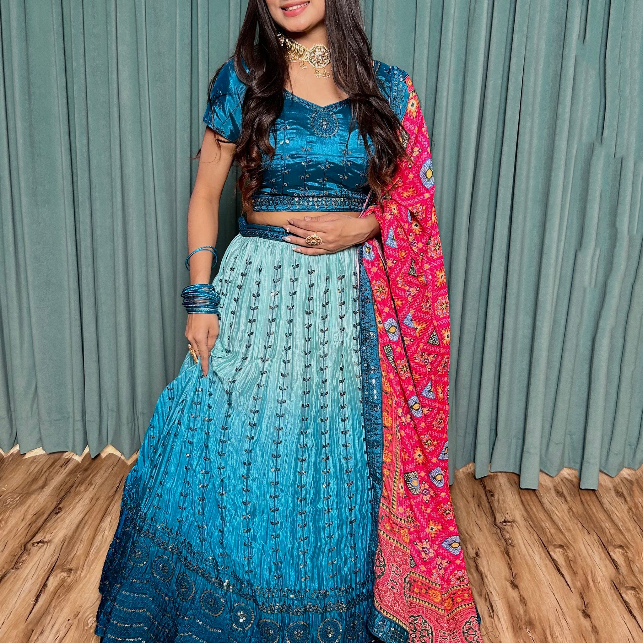 Adorable Blue Sequins Silk Wedding Lehenga Choli With Dupatta