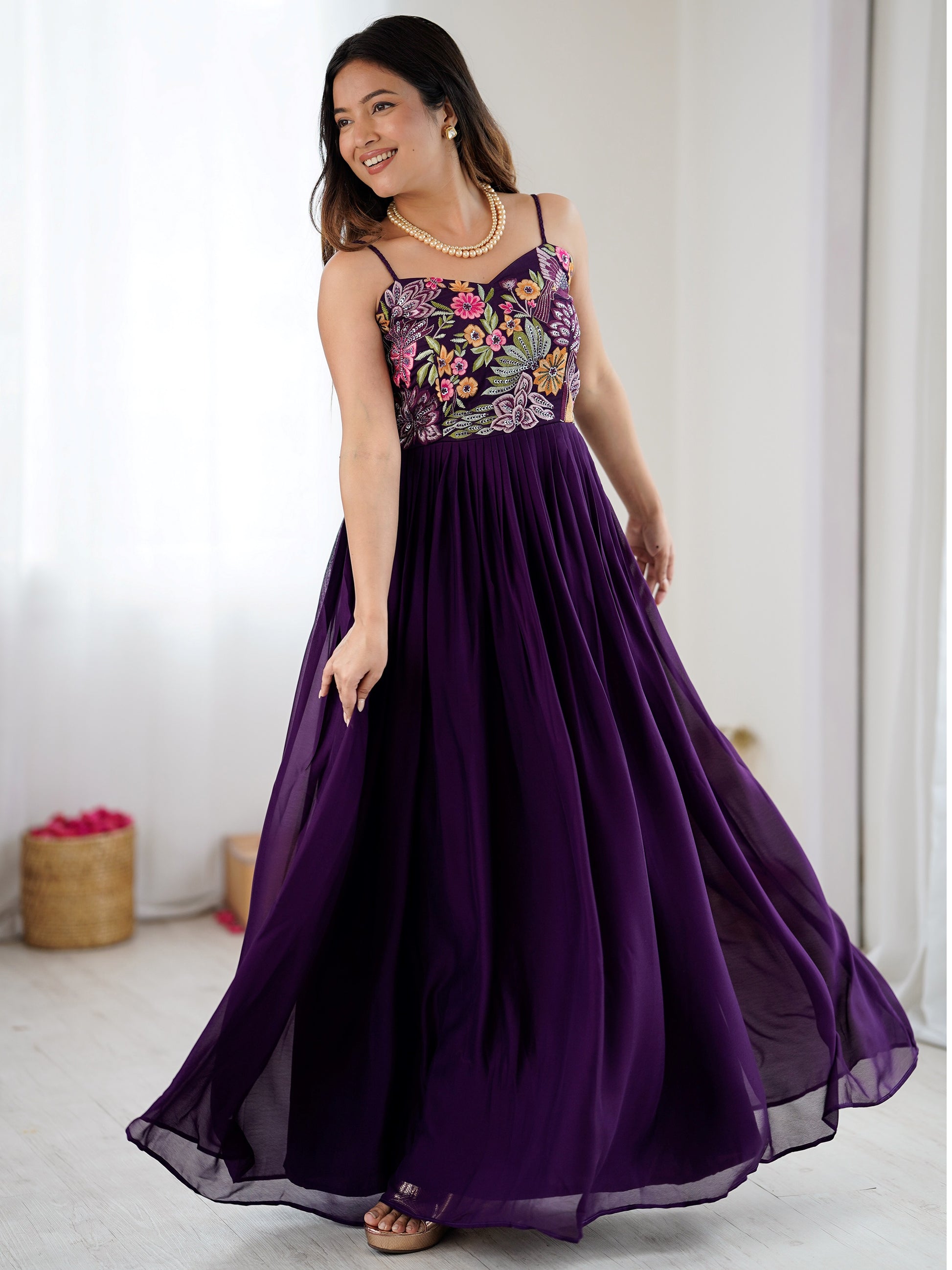 Graceful Purple Floral Embroidered Georgette Festival Wear Gown