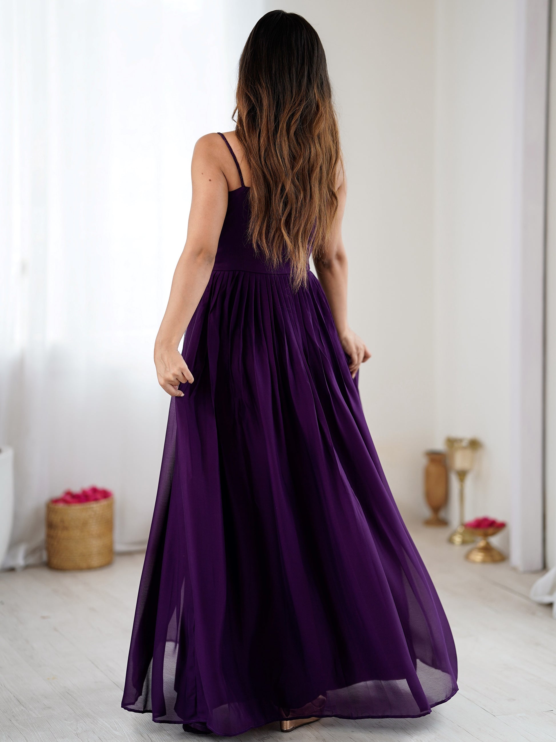 Graceful Purple Floral Embroidered Georgette Festival Wear Gown